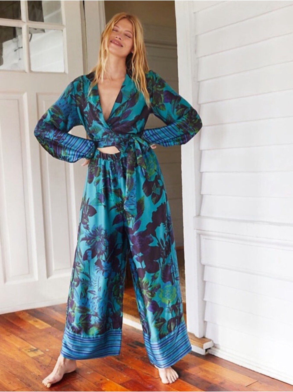 Anthropologie Mary O’Malley Silk Floral Wide Leg Jumpsuit Blue Green L Resort